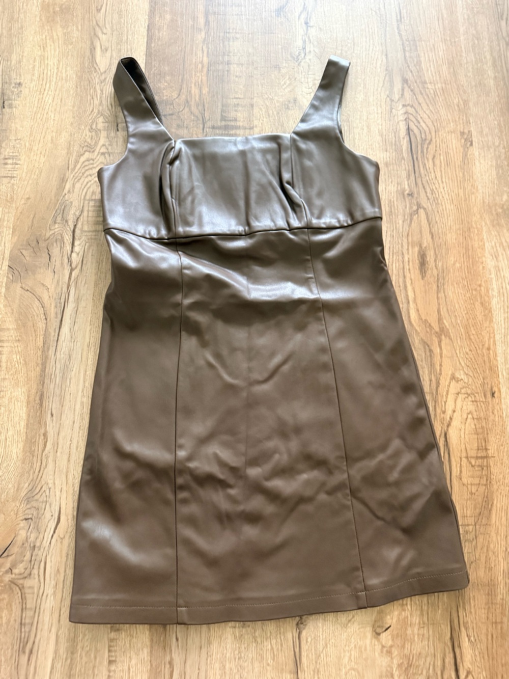 Faux Leather Square-Neck Mini Dress in Brown